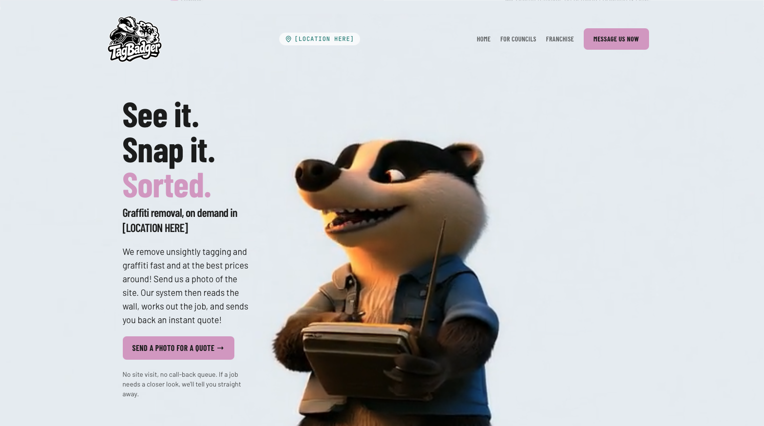 The TagBadger homepage with the photoreal badger character alongside the headline See it. Snap it. Sorted.