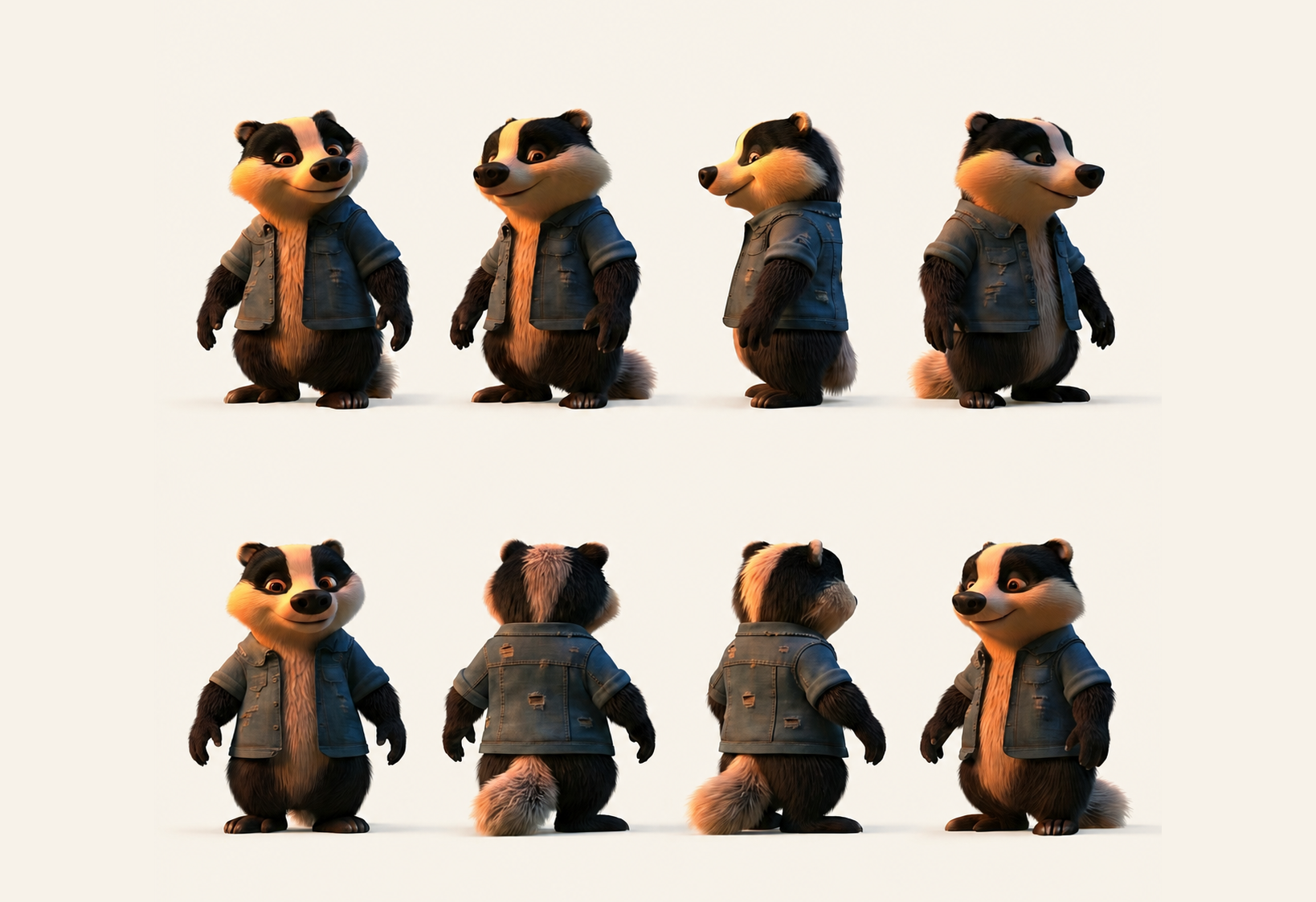 TagBadger character turnaround showing the badger from eight angles