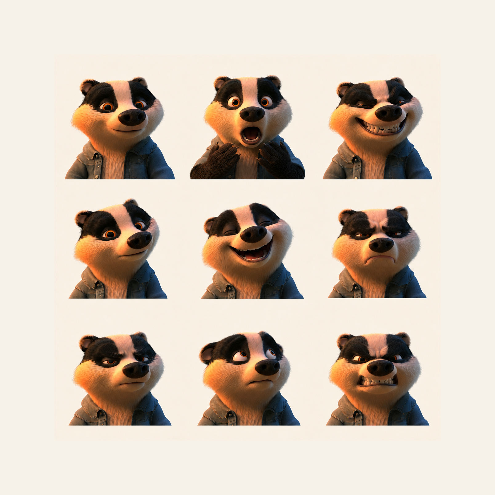 Nine TagBadger facial expressions from cheerful to furious